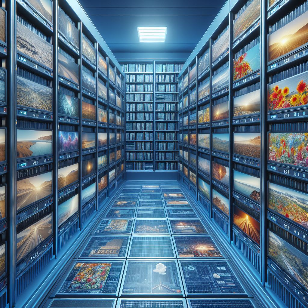 A 3d render of photos being stored in a datacenter.