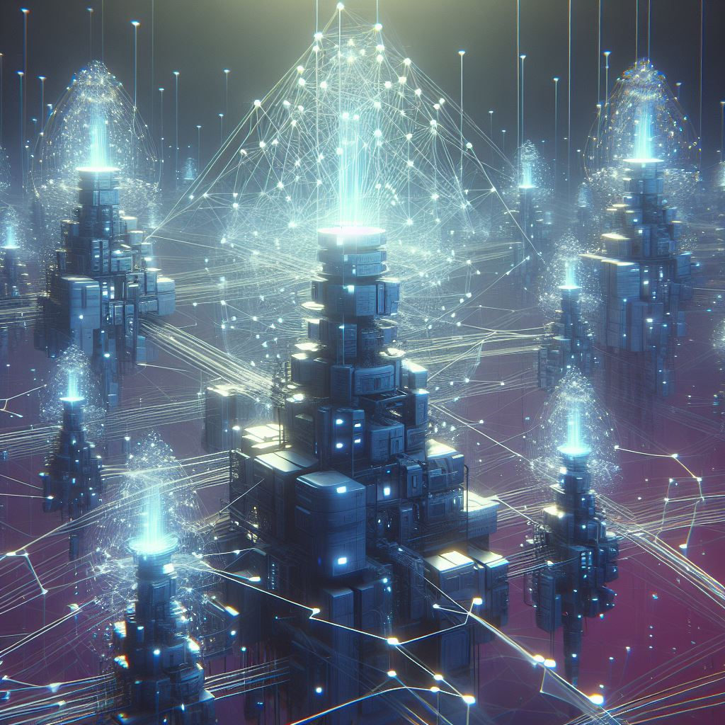 A 3d render that represents data being relayed around the internet.