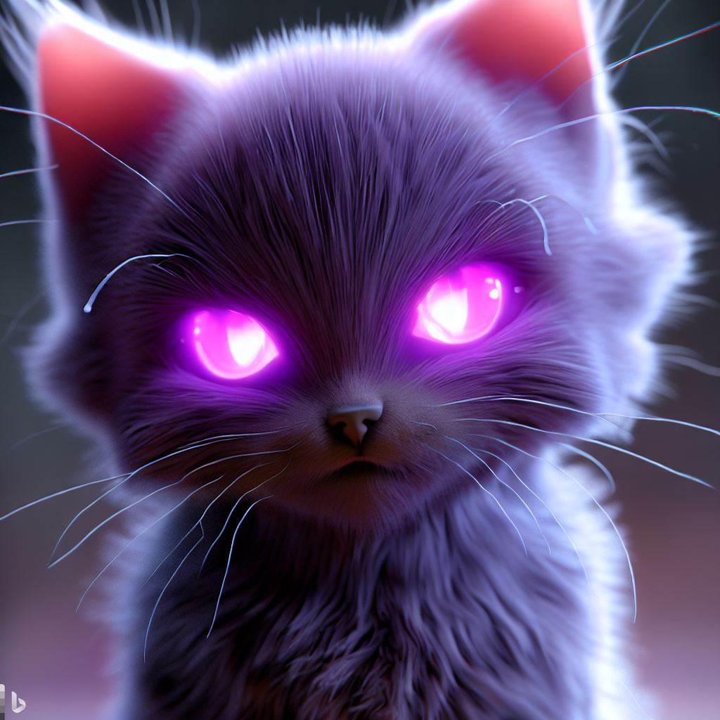 An image of a purple cat, with glowing purple eyes, staring at the screen with its head slightly turned to the side.